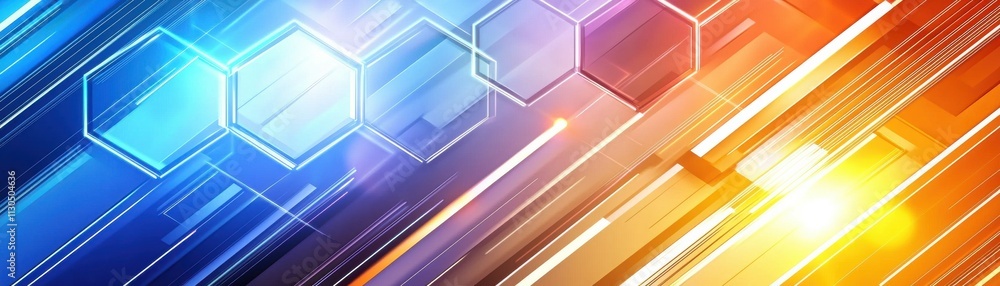 Poster a vibrant abstract background featuring dynamic lines and hexagonal shapes in blue, orange, and yell