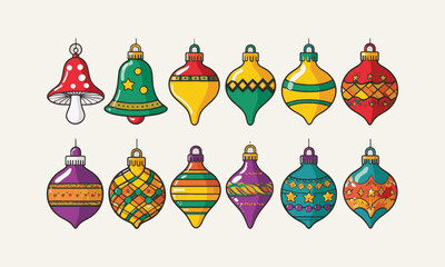 Collection of Christmas ornament elements, Collection of colorful Christmas decorations, balls, stars, and ornaments. Symbols and elements are isolated and easily editable.