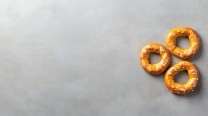Golden Baked Rings on Gray - Three delicious golden baked rings arranged on a gray background, symbolizing warmth, simplicity, togetherness, wholesomeness, and delightful treat.