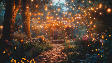 Enchanting garden party evening with illuminated pathway adorned with vibrant flowers creating a magical ambiance for social gatherings and celebrations in a picturesque outdoor setting