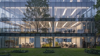 Obraz premium captivating image of a modern office building with a sleek glass facade that epitomizes contemporary architecture.