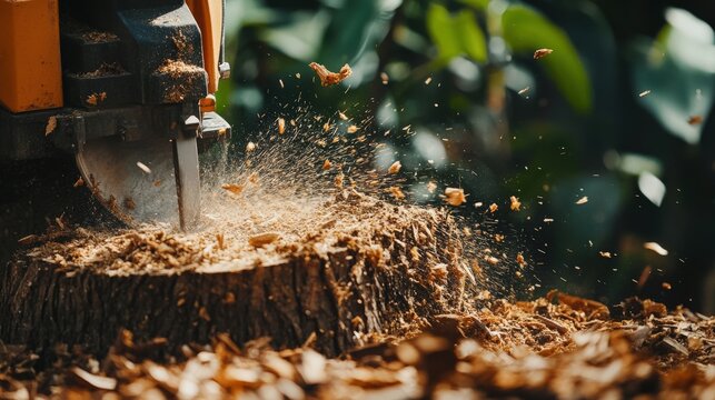 Tree stump grinding machine in action creating woodchips