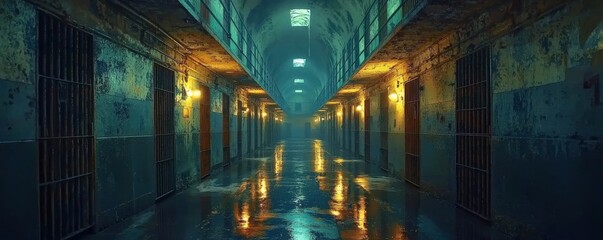 A dimly lit prison corridor with reflections on the wet floor, featuring barred cells and glowing lights, evoking a haunting and mysterious atmosphere.