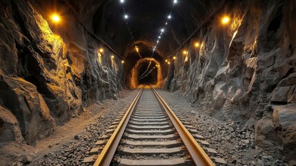 inside of the mine tunnel. Gold mine underground ore tunnel with rails , isolated on white background,  , copy space, copy space for text,