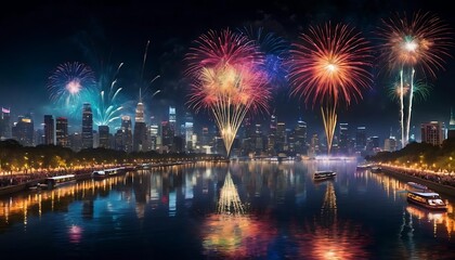 Spectacular Fireworks Display Over City Skyline at Night, Reflecting on Calm Waters