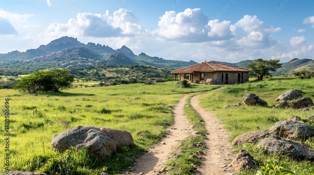 Poster rustic and secluded resort blending seamlessly into the rugged terrain offering a tranquil escape in