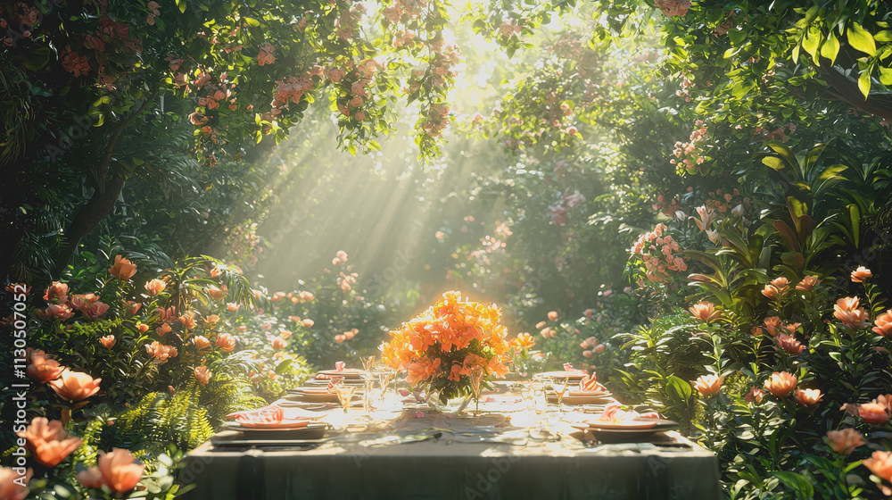 Poster lush garden party table set for dinner with flowers and greenery creating an inviting atmosphere for