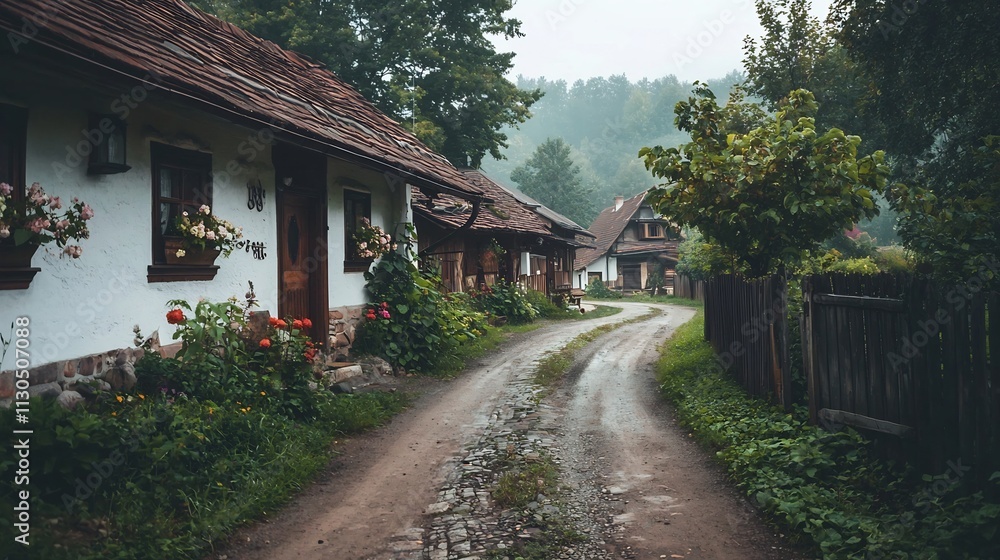 Poster rustic secluded resort nestled in a serene and remote rural setting with traditional architecture se