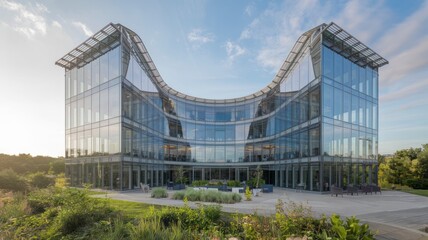 Obraz premium captivating image of a modern office building with a sleek glass facade that epitomizes contemporary architecture.
