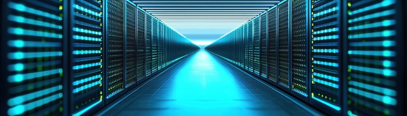 Obraz premium A futuristic data center corridor illuminated by blue lights, showcasing rows of servers and creating a tech-driven atmosphere.