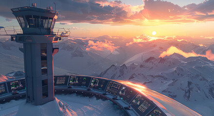 A futuristic air traffic control tower with lots of planes in the air and a beautiful sunrise over snow covered mountains in the background.