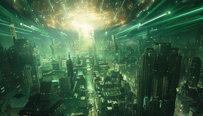 Obraz premium Futuristic Cityscape Underneath Celestial Green Laser Show