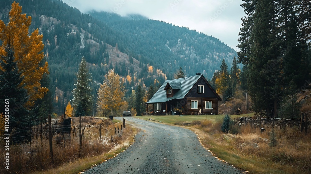 Poster photograph of a secluded resort nestled in a rural area surrounded by untamed forests and rugged pat