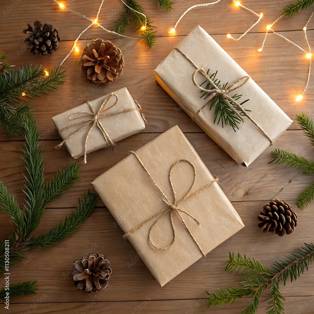 Fototapete a cozy flat lay with kraft paper-wrapped gift boxes tied with twine, scattered pinecones, and fir tr
