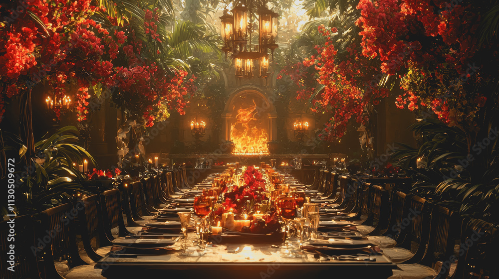 Poster elegant party table setup with vibrant flowers and candles in modern dining room creating inviting a