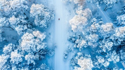 Winter Wonderland Lone Skier Navigates Snow-Covered Road Through Frozen Forest, Aerial View