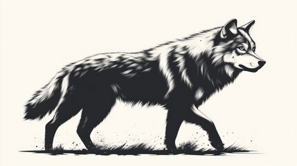 Fototapeta premium A simple black and white cartoon wolf in a walking position, clean vector lines, isolated on a white background.