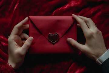 woman and man hands holding red envelope with wax heart seal on red velvet background, Valentine's Day concept