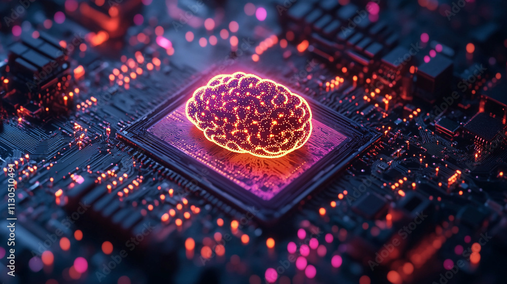 Aufkleber ai generates glowing brain symbol on microchip enhancedsr technology showcase futuristic environment