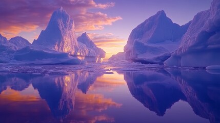 Early Morning Arctic Icebergs with Clear Blue Ice Under a Serene Sky