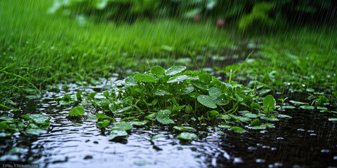 Fototapeta premium Green grass and sprouts in a water puddle during the rain. Natural soil moisture, fertile soil, nature and life