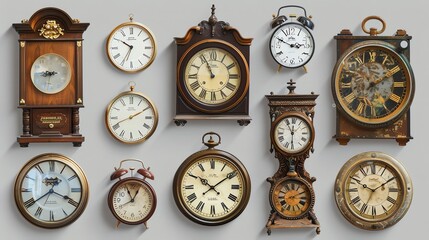 A collection of vintage clocks on a white wall.