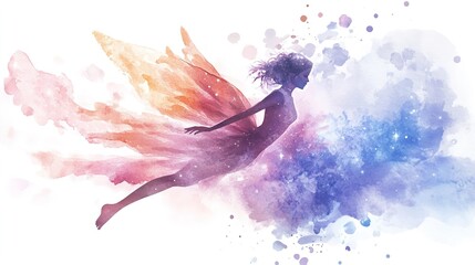 Fototapeta premium Whimsical fairy in mid-air with colorful wings and abstract background