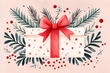 Obraz premium festive gift box adorned with red bow and greenery, perfect for holidays