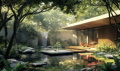 Fototapeta premium Modern structure, tranquil pond, lush greenery, waterfall.