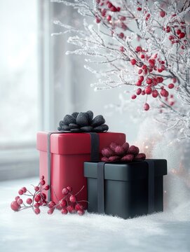 Two beautifully wrapped presents in red and black are adorned with textured bows, surrounded by frosty branches and red berries