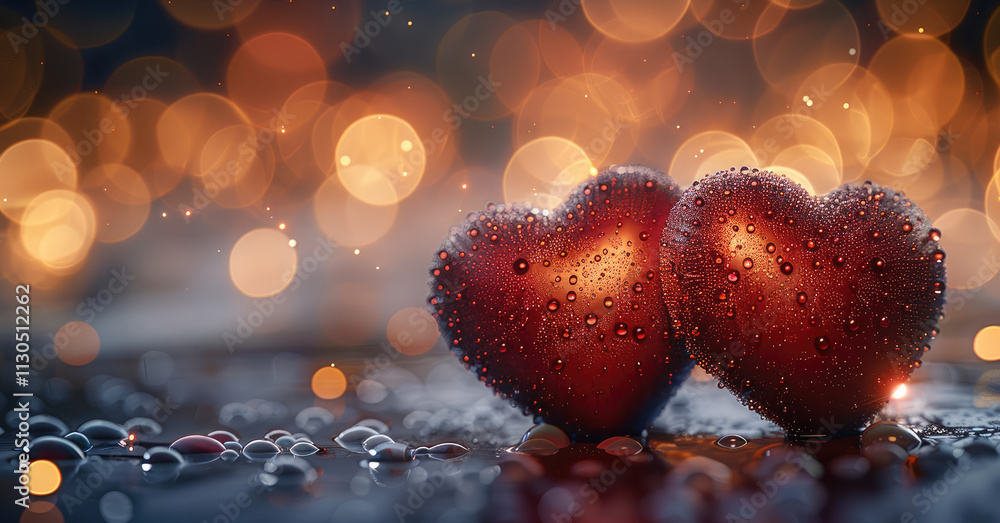 Poster Two glistening red hearts covered in dew drops placed closely together on a wet surface, surrounded by warm bokeh lights in the background. The glowing golden hues create a romantic and ambiance.