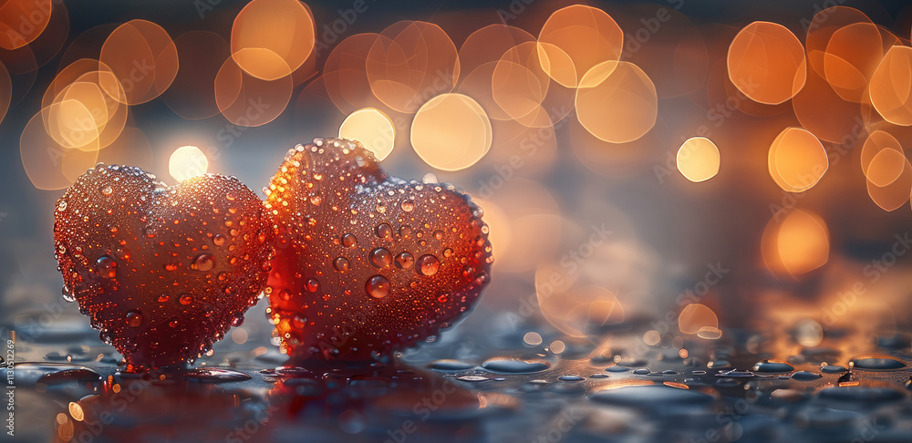 Aufkleber two glistening red hearts covered in dew drops placed closely together on a wet surface, surrounded 