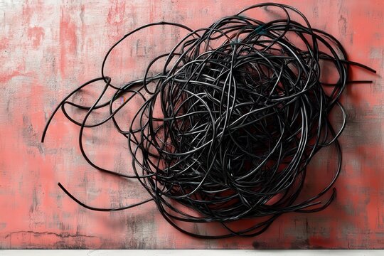 Tightly knotted black lines with small, jagged red edges, illustrating feelings of entrapment and worry