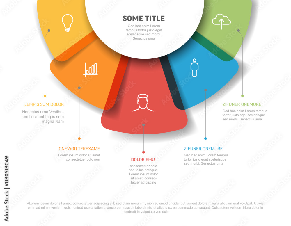 Poster vector multipurpose infographic template with five rounded semi transparent elements on the top, des