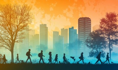 Fototapeta premium Silhouetted figures stroll, city skyline backdrop.