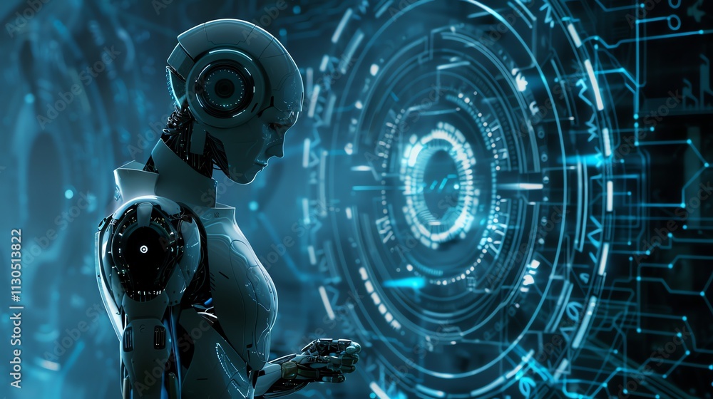Poster a realistic looking humanoid robot stands in front of a blue glowing digital interface.