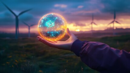 A glowing hand holding a sphere of renewable energy symbols
A glowing green orb in a hand surrounded by nature-inspired elements