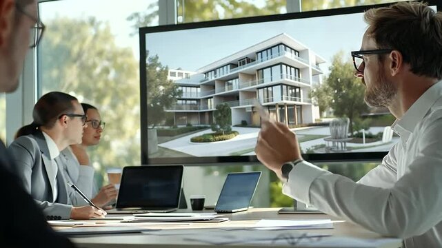 Architect Presenting Housing Project 3D Rendering to Investors