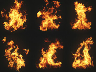 collection abstract flame isolated black background. concept of effect texture ablaze, graphic design bonfire, blaze at night. burn of fire sizzling, danger explosion
