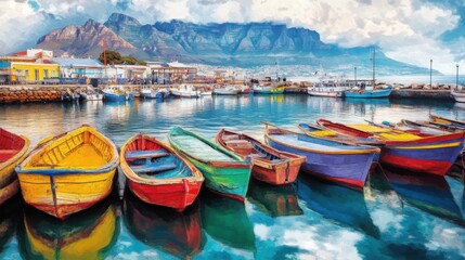 Fototapeta premium Table Mountain surrounded by a bustling Cape Town harbor filled with colorful boats