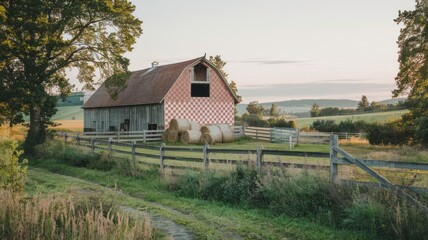 Country cottage in vibrant green fields under blue summer skies