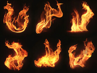 Fototapeta premium collection abstract flame isolated black background. concept of effect texture ablaze, graphic design bonfire, blaze at night. burn of fire sizzling, danger explosion 