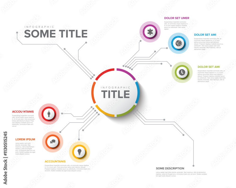 Poster simple colorful circular infographic design template with six element and big circle with title on t