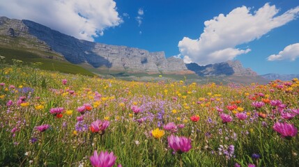 Obraz premium Table Mountain surrounded by vibrant wildflowers in bloom during spring