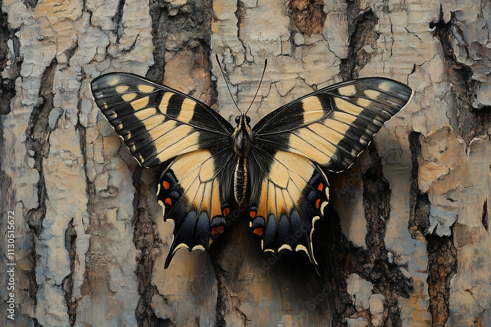 Aufkleber close-up view of a butterfly resting on textured tree bark, showcasing intricate patterns and vibran