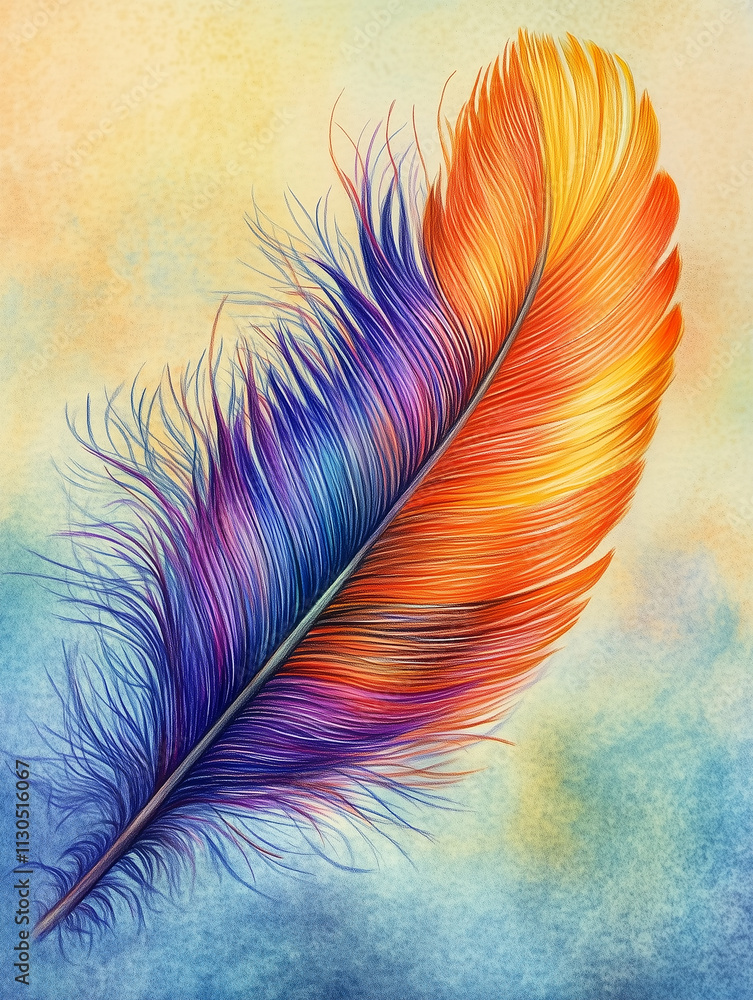 Poster close-up of a colorful feather displaying intricate details of texture and vibrant hues in bright li