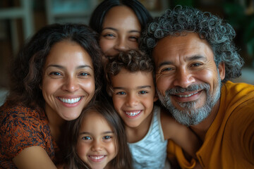 Fototapeta premium Happy multiracial family portrait with three smiling children and adult parents at home