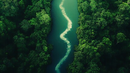 Arrow-Shaped River Flowing Through the Amazon Forest