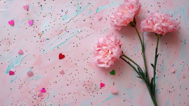 Pink carnations, hearts, and confetti scattered artistically on a blush background with space for customizable text