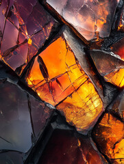 Close-up view of richly colored cracked volcanic glass showcasing shiny surfaces and intricate textures in natural light